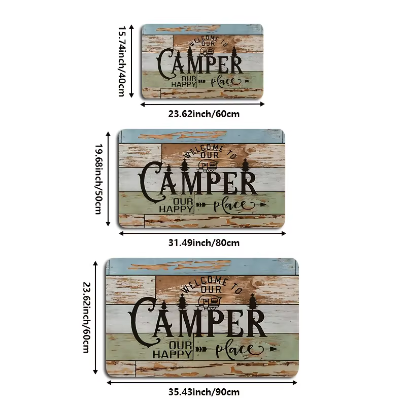 Paillasson de bienvenue pour camping-car, 1 pièce, tapis de camping-car en flanelle robuste avec design de camping-car et d'arbres, "Bienvenue à notre