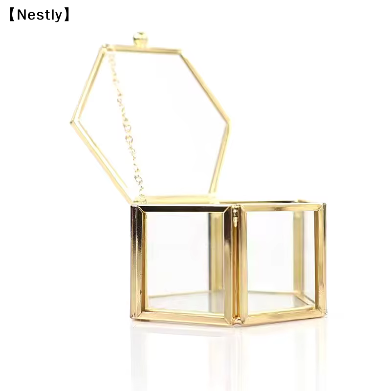 Boîte à bagues hexagonale haut de gamme, boîte à bijoux et accessoires en or, boîte de rangement pour bijoux en verre doré, luxueuse et rétro〔Nest〕