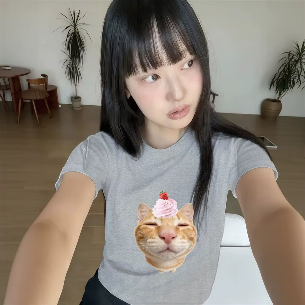 T-shirt graphique Kawaii Chat Crème pour Femme, Manches Courtes d'Été, Vêtements Amusants à Imprimé Meme avec Nombreuses Évaluations Coréennes, Livraison Gratuite pour Femme
