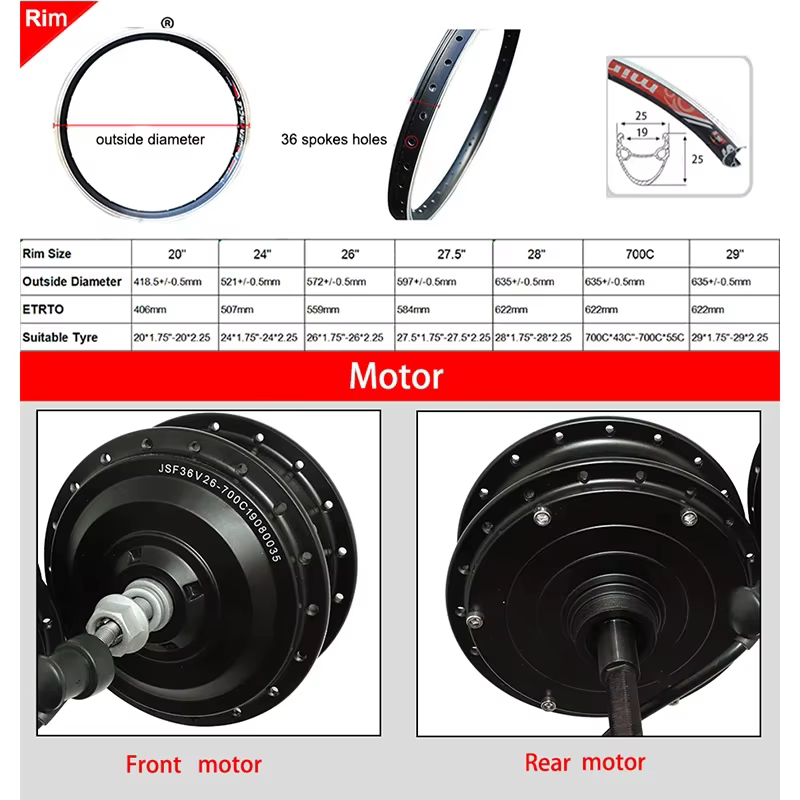 Moteur de roue avant ou arrière pour vélo, moteur de moyeu sans balais 36V 48V 250W 350W 500W, puissance adaptée aux roues de 20 pouces à 700c