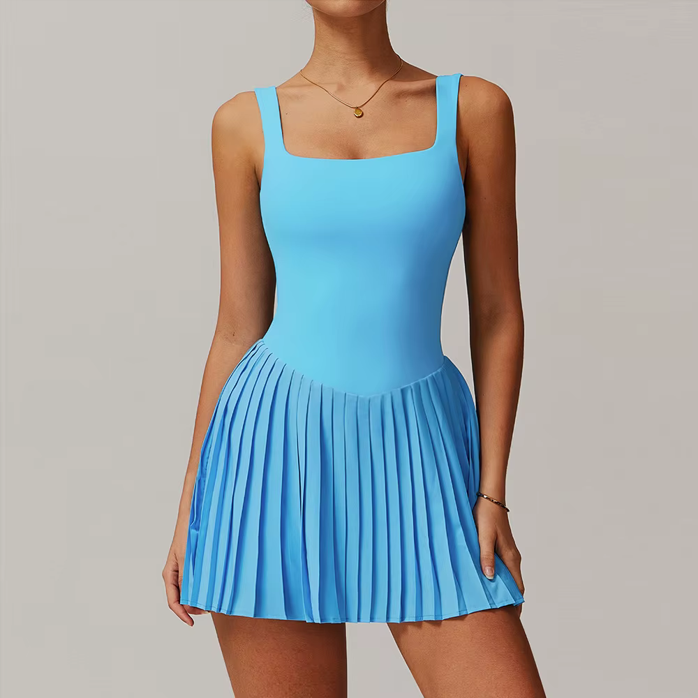 Robe de Tennis nue ajourée, dos nu, jupe pour femmes, combinaison Anti-éblouissement, Fitness, sport, course à pied, poches, jupe plissée, robe de sport