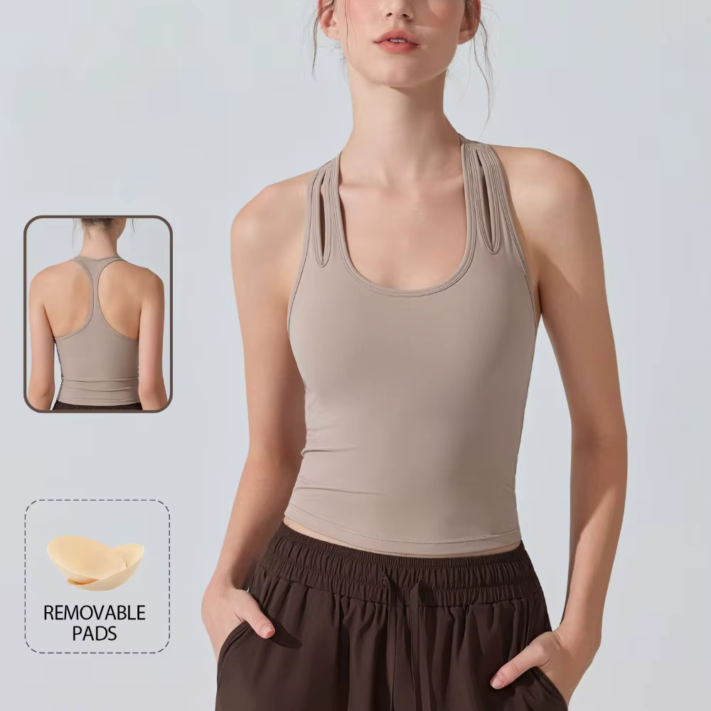 Débardeur de sport antibactérien pour femmes, sensation nue, coussinets amovibles, col en U, dos nageur, soutien-gorge de Yoga, coupe cintrée, haut d'entraînement pour la course à pied et la salle de