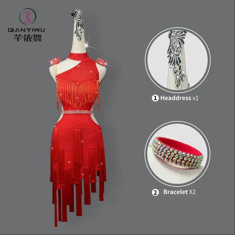 Robes de soirée rouges pour femmes, costume de danse latine élégant, compétition 2026, jupe à franges pour filles, vêtements de danse mi-longs, costume de samba pour bal fille robes soirée costume ju