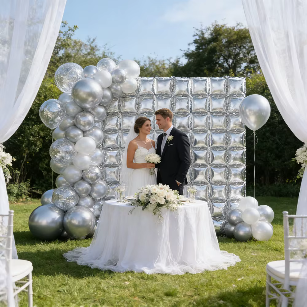 Mur de ballons carrés argentés pour décorations de mariage, fiançailles, thème glace, fête d'anniversaire, décoration de fête