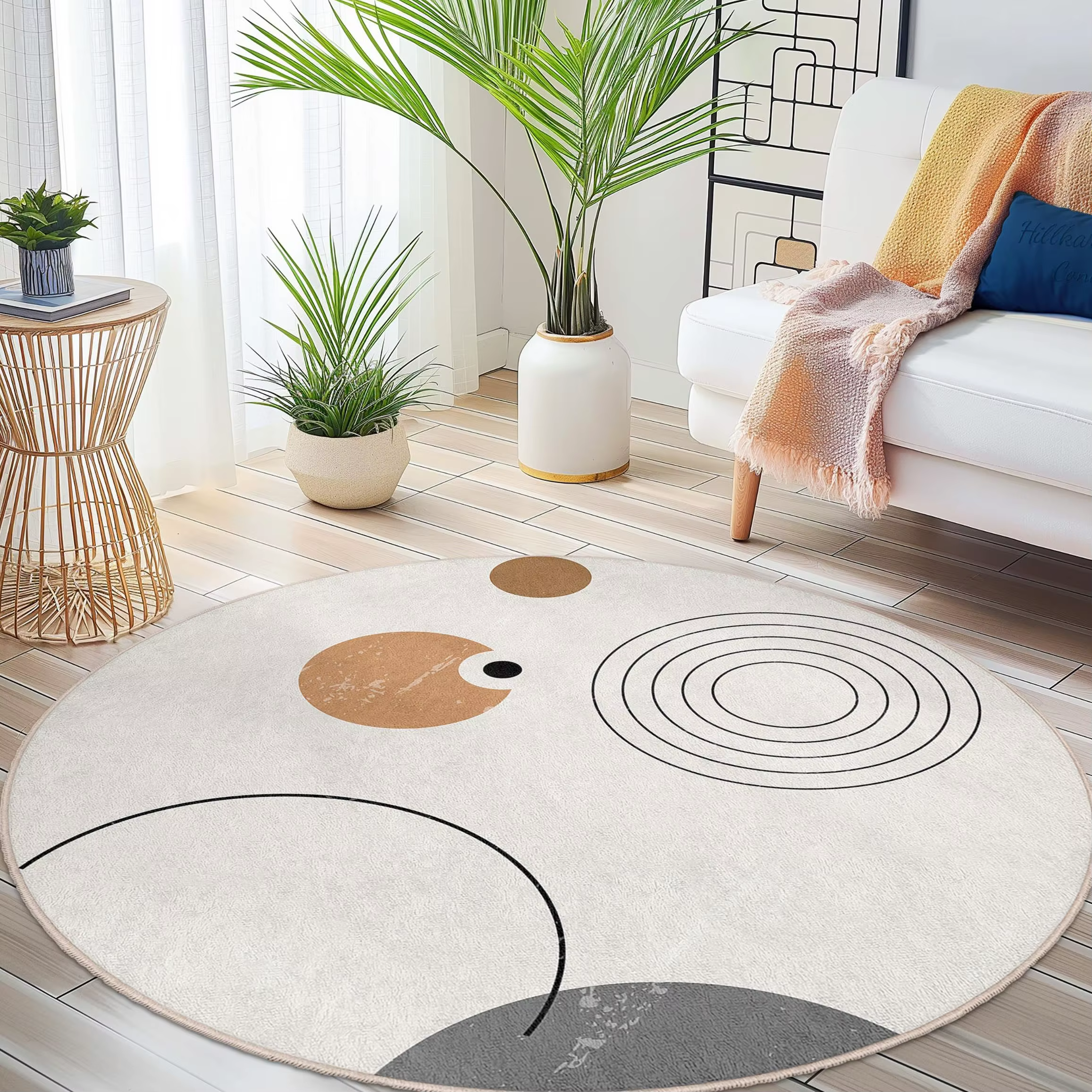 Tapis rond moderne du milieu du siècle, motif abstrait terracotta, lavable, antidérapant, minimaliste, pour la décoration du salon