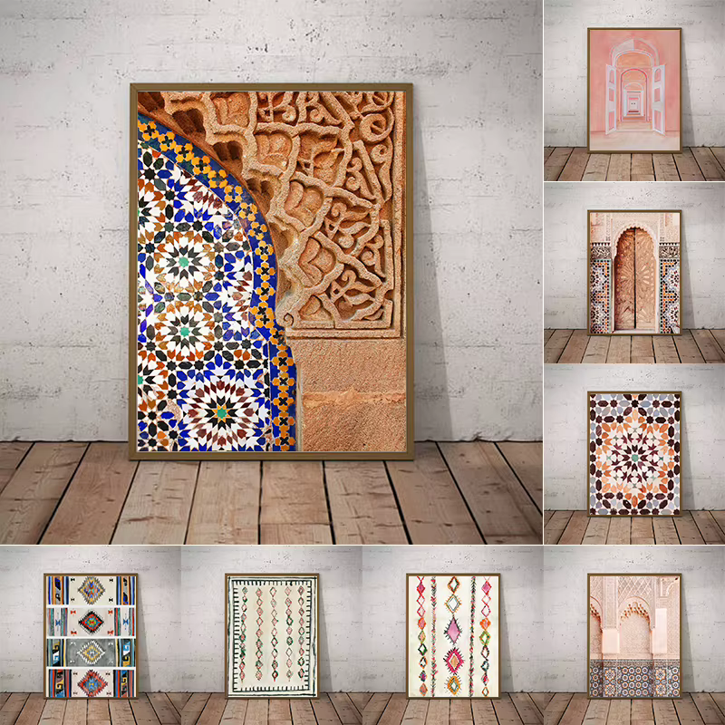 Impressions d'art de tapis rose Vintage, décor mural Boho, affiche éclectique, porte ancienne marocaine, peinture sur toile, images d'art