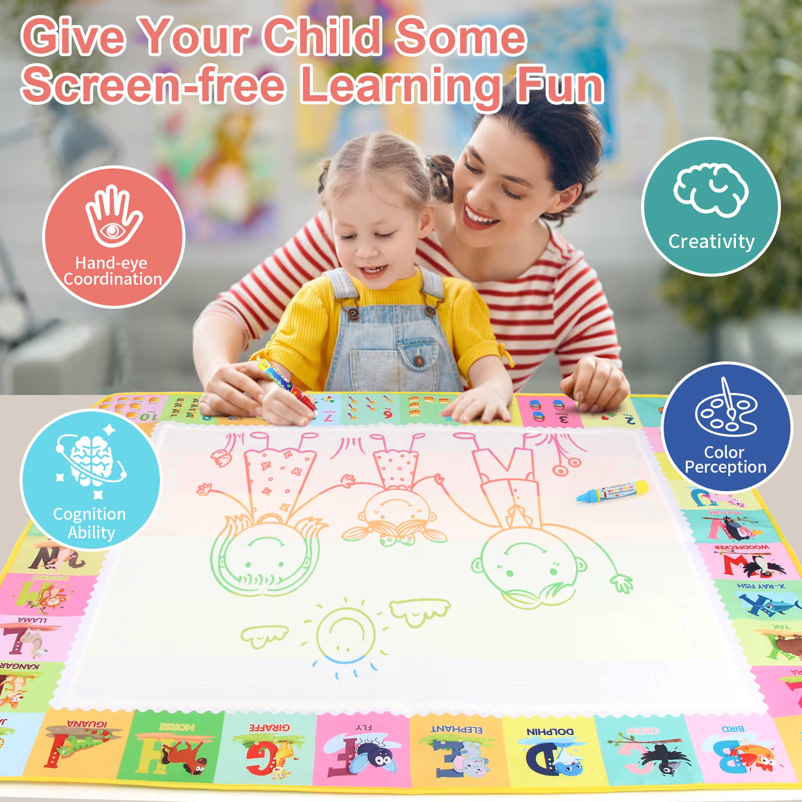 Tapis de dessin à l'eau magique 100x80CM, avec stylos magiques réutilisables, planche de peinture pour gribouillage, jouets éducatifs Montessori, cadeaux pour enfants