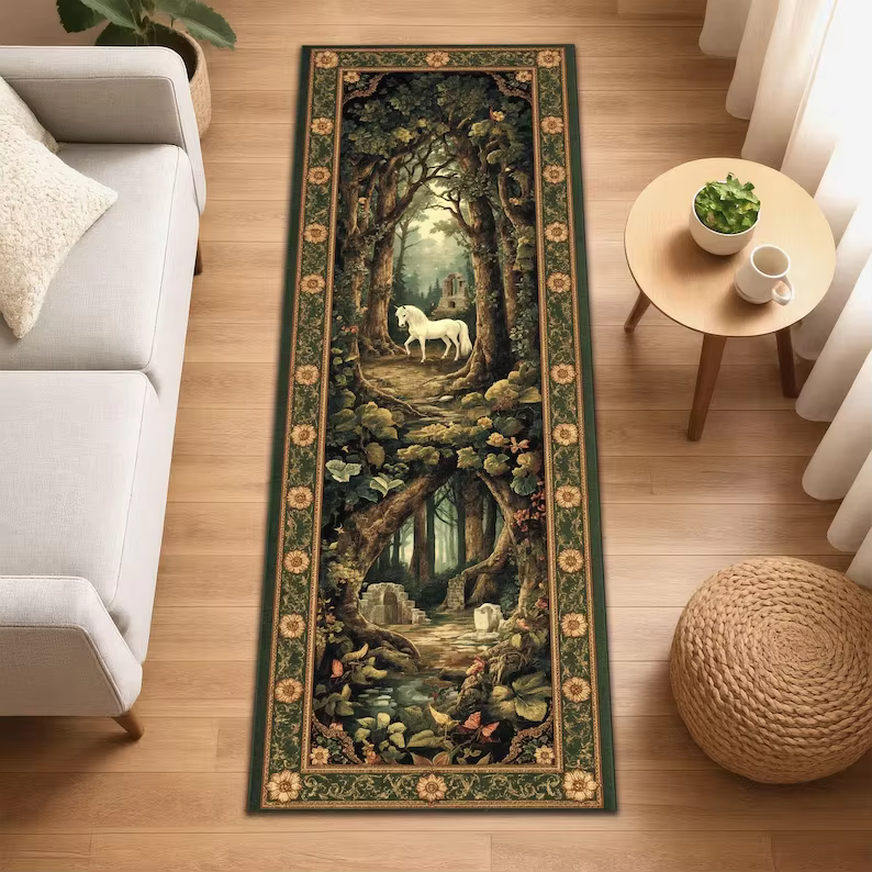 Tapis de sol à motif de forêt de licornes fantastiques, décoration de la maison, tapis de sol vintage moderne pour couloir et salon