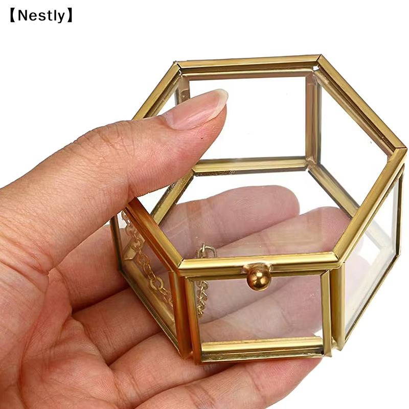 Boîte à bagues hexagonale haut de gamme, boîte à bijoux et accessoires en or, boîte de rangement pour bijoux en verre doré, luxueuse et rétro〔Nest〕