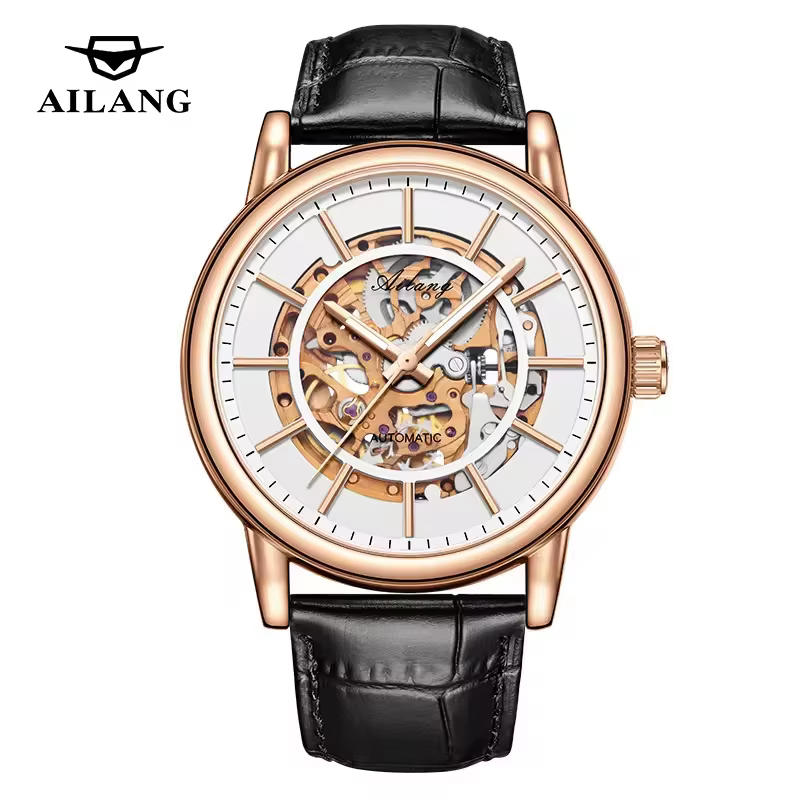AL8891 Montre mécanique automatique squelette à cadran rond, bracelet en cuir, étanche, lumineuse, design « Life Your Wheel Helm Steering Round »