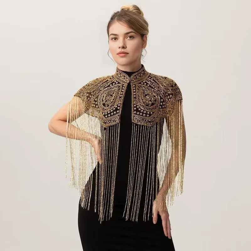 Châle indien lourd orné de perles, à longues franges, fait main, pour robe de soirée, cape, accessoire rétro à porter avec une robe Cheongsam