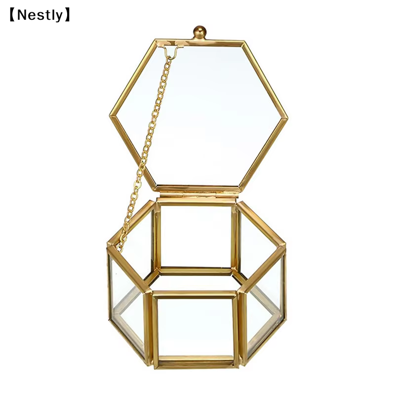 Boîte à bagues hexagonale haut de gamme, boîte à bijoux et accessoires en or, boîte de rangement pour bijoux en verre doré, luxueuse et rétro〔Nest〕