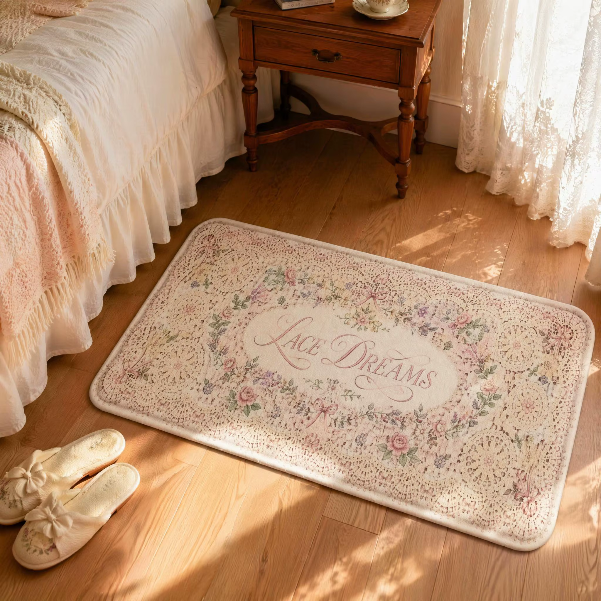 Tapis de Couloir Long en Crochet Floral Vintage Lace Dreams, Style Shabby Chic, Motif Floral Pastel, Rectangulaire, pour Chambre à Coucher ou Coiffeuse