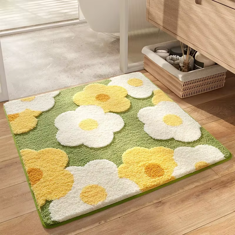 Tapis de bain floral carré, tapis de salle de bain ultra absorbant en peluche, support antidérapant et surface douce au toucher, tapis de sol pour la décoration de la salle de bain