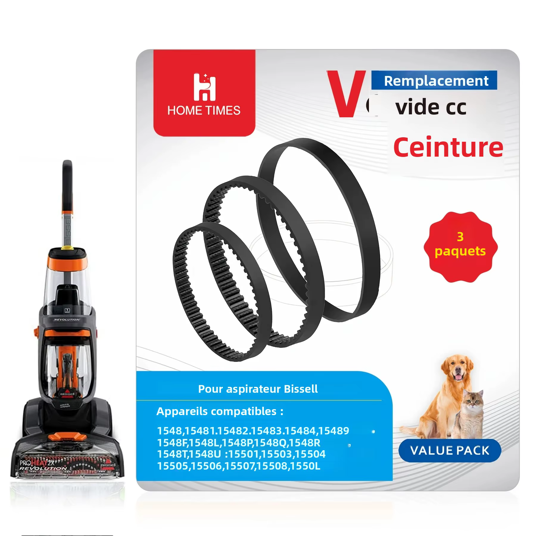 Jeu de courroies de remplacement pour nettoyeur de tapis pour animaux de compagnie Bissell ProHeat 2X Revolution, série 1548,1551,1551W,1550
