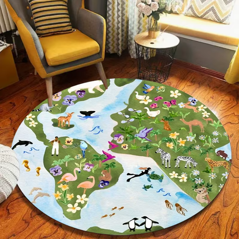 Tapis éducatif pour enfants avec carte du monde ronde, antidérapant, doux, lavable, imprimé d'animaux, pour la crèche, la salle de jeux, la salle de classe
