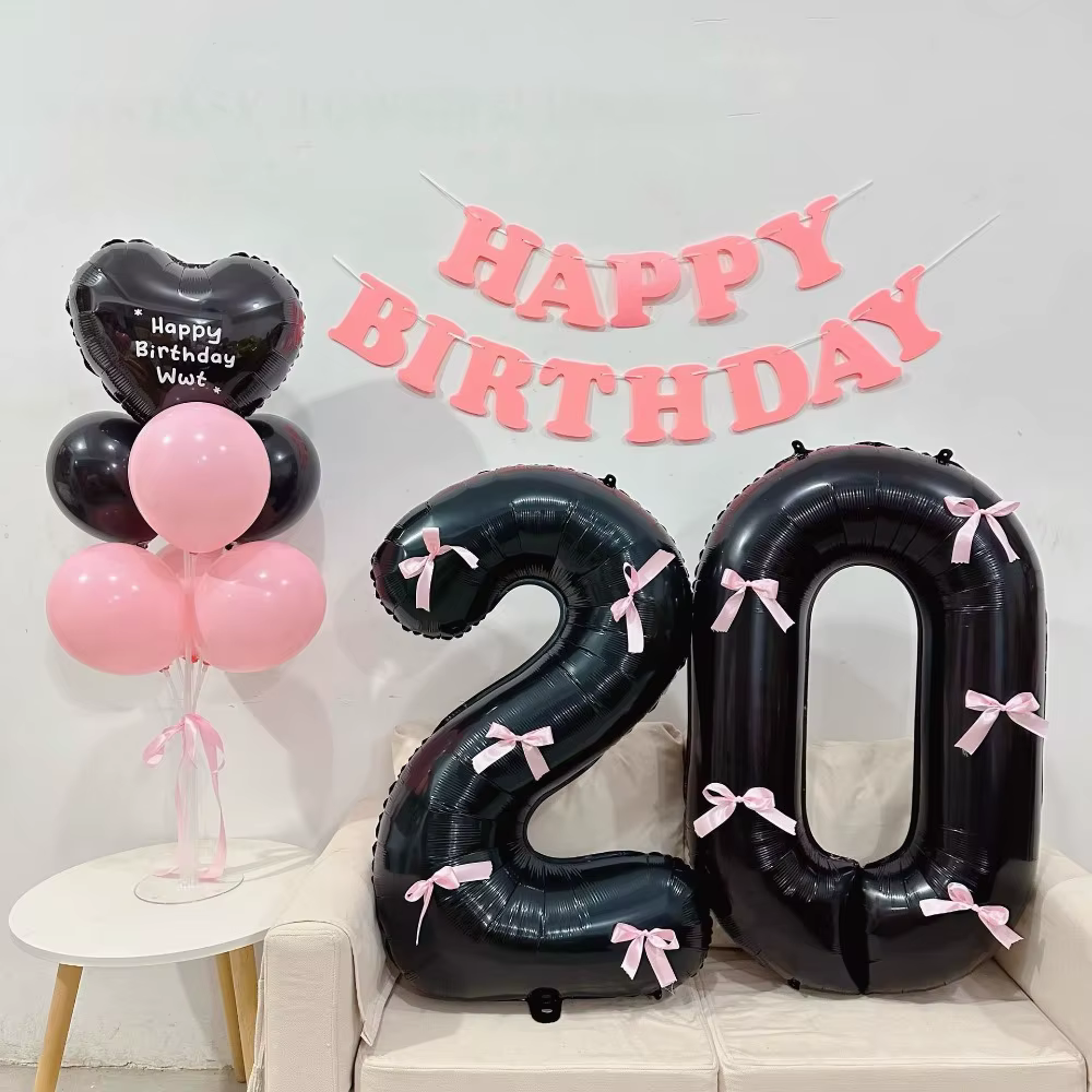 Ballon chiffre noir de 32 pouces avec nœuds roses, grand ballon en aluminium, ruban satiné, ballon décoratif, fournitures de fête