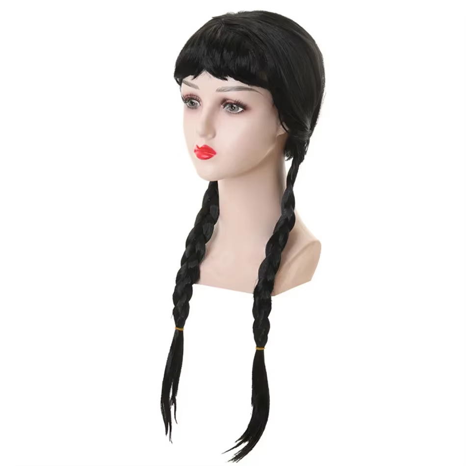 Perruque de mercredi pour enfants Halloween mercredi Addams tresses noires cheveux synthétiques accessoires de Cosplay couronne collier coiffure costume