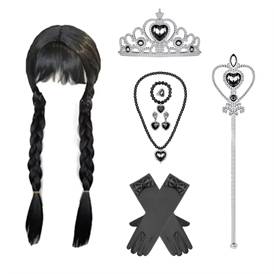 Perruque de mercredi pour enfants Halloween mercredi Addams tresses noires cheveux synthétiques accessoires de Cosplay couronne collier coiffure costume