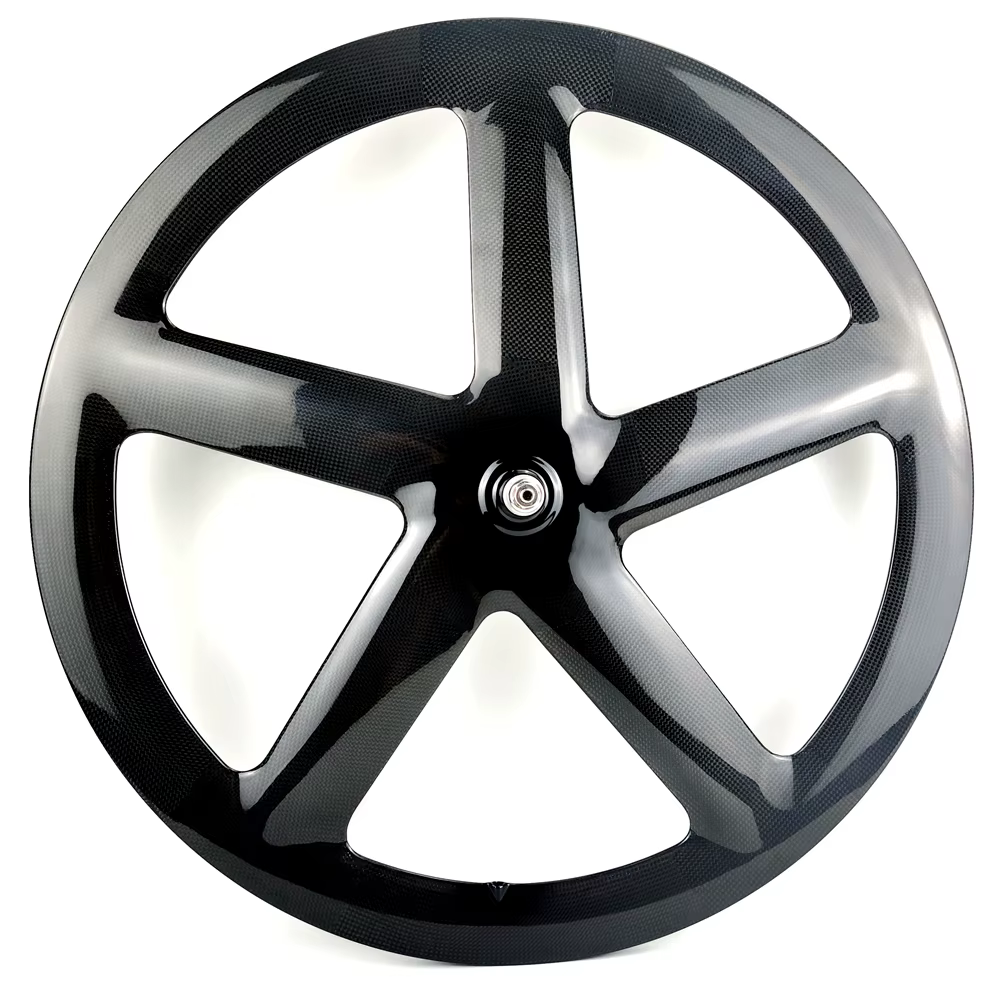 Roues de vélo de piste 700C entièrement en carbone, jantes avant 51 mm de profondeur à cinq rayons, roues arrière à disque, largeur 23 mm, type clincher/tubulaire.