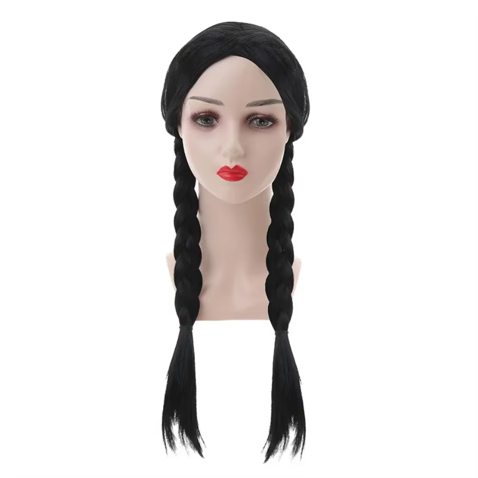 Perruque de mercredi pour enfants Halloween mercredi Addams tresses noires cheveux synthétiques accessoires de Cosplay couronne collier coiffure costume