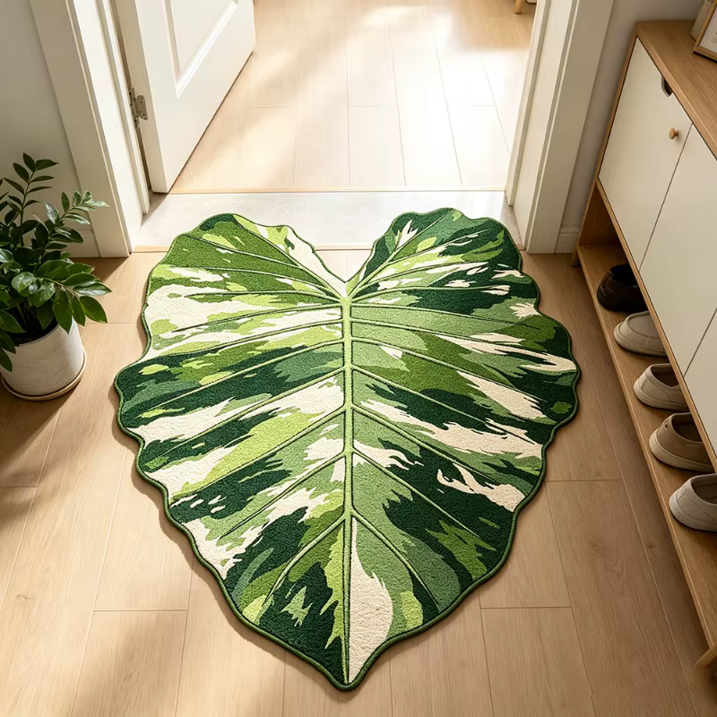 Tapis en forme de feuille de style nordique, motif de plante verte, paillasson d'entrée, tapis de sol doux, antidérapant et confortable, décoration de la maison