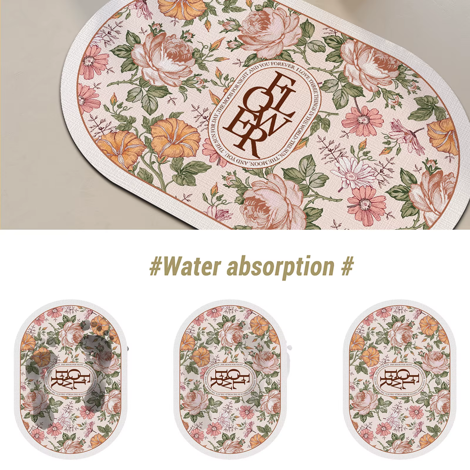 Polymères de bain à imprimé floral, tapis de pied super absorbant, antidérapant, coussin de douche à séchage rapide, tapis de toilette, Doorvirus, lavable