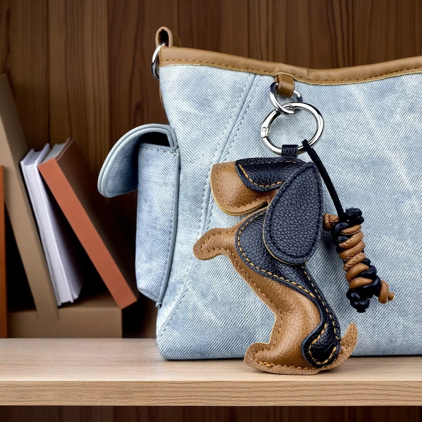 Ensemble de porte-clés et breloques de sac en cuir PU motif chiot mignon - Pendentif chien / Accessoire en cuir tressé en forme d'os, Ornement tendance pour sac à main