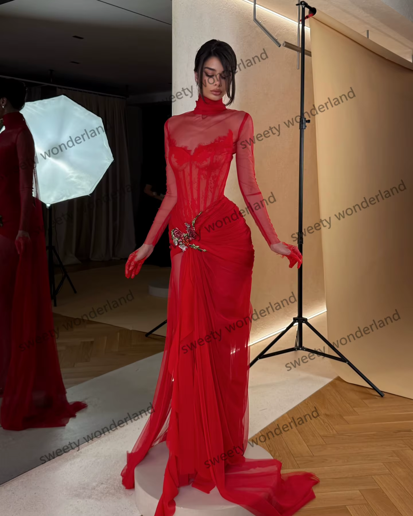 Robes de soirée rouges femme manches longues vestidos de noche arabe col haut robe de bal broderie robes de soirée personnalisées