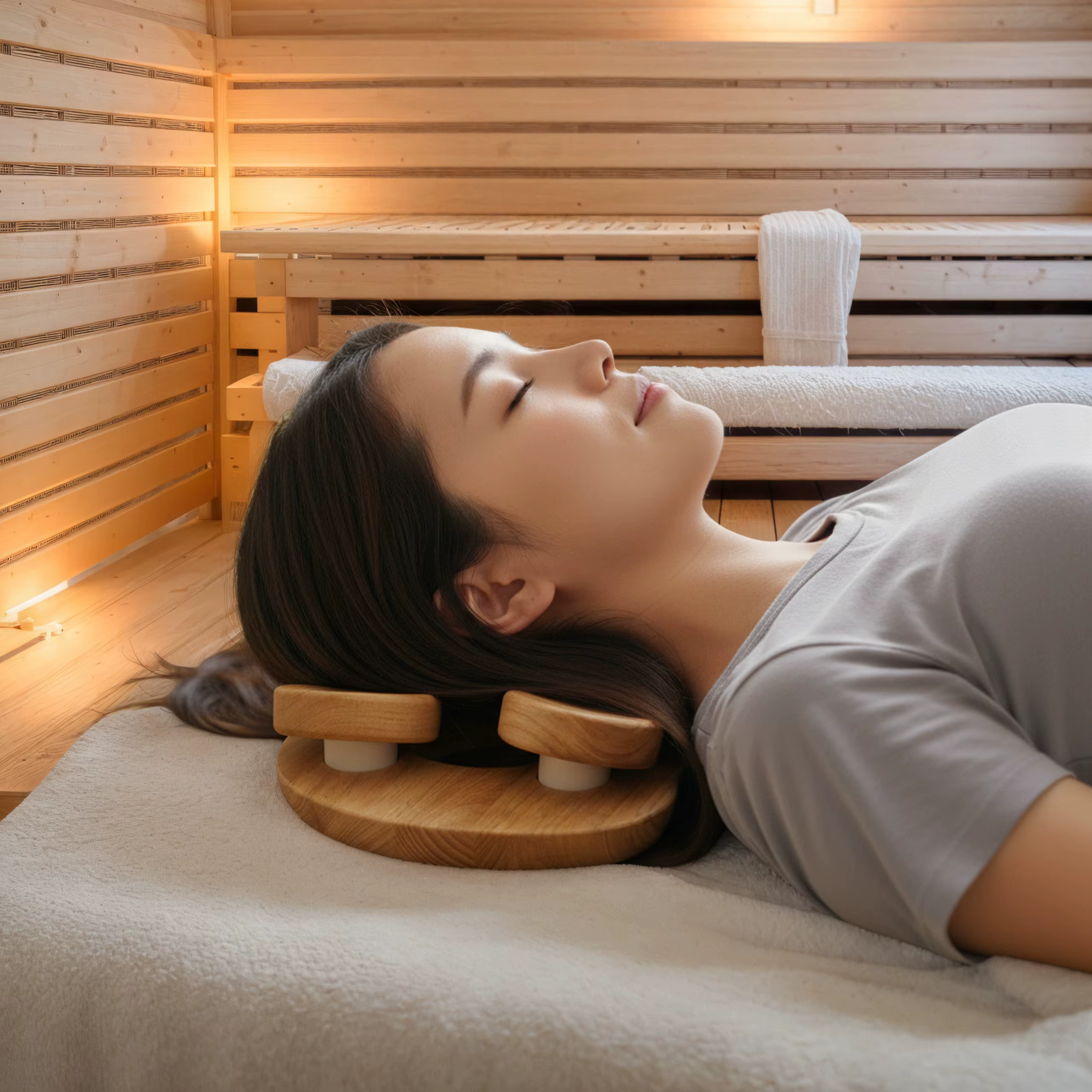 Repose-tête en bois pour sauna avec disque rotatif, accessoire de sauna