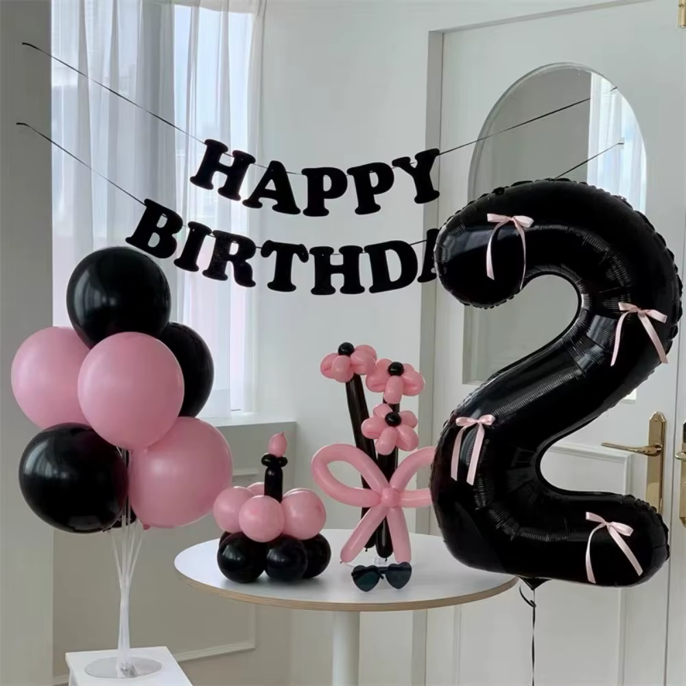 Ballon chiffre noir de 32 pouces avec nœuds roses, grand ballon en aluminium, ruban satiné, ballon décoratif, fournitures de fête