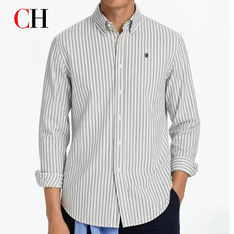 Chemise à manches longues brodée à rayures CH pour homme, coupe droite, col boutonné, classique, intemporelle, décontractée, pour tous les jours