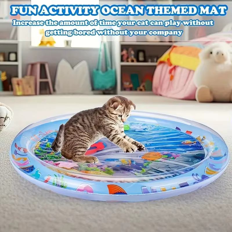 Tapis d'eau sensoriel pour chat, tapis de jeu aquatique pour chat en PVC, tapis d'éveil interactif pour chat avec poissons océaniques, jouet interactif pour chat