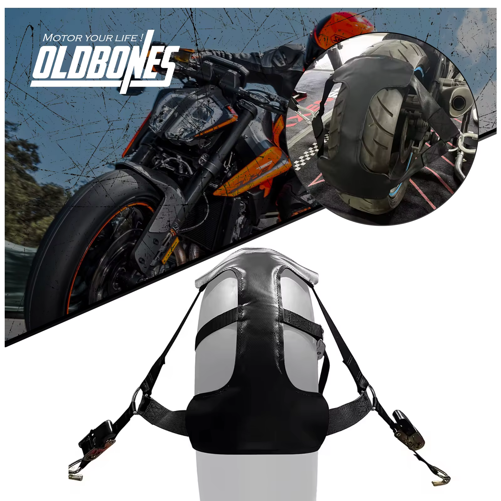Oldbones – support de roue arrière de moto, chaînes de pneus, ceinture de harnais, sangle de remorquage, sangle noire robuste avec cliquets