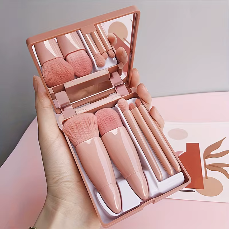Ensemble de pinceaux de maquillage portables 5 pièces avec miroir-Kit de voyage pliable, Mini ensemble de pinceaux de maquillage ensemble de pinceaux de maquillage de voyage