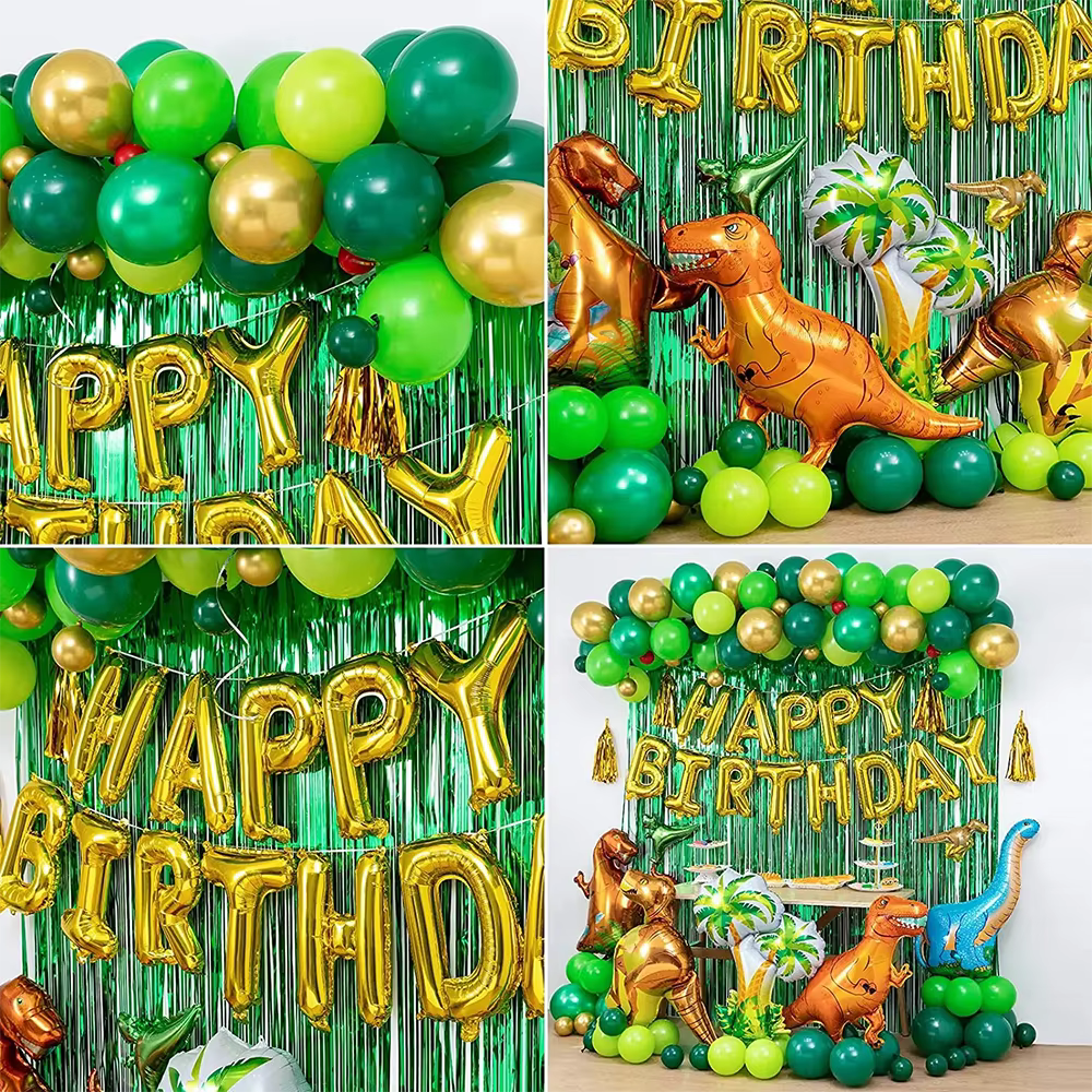 Ensemble de ballons dinosaure arc pour anniversaire d'enfants, fête à thème dino, ballons en aluminium, rideau de guirlandes, décoration de fond avec pompon
