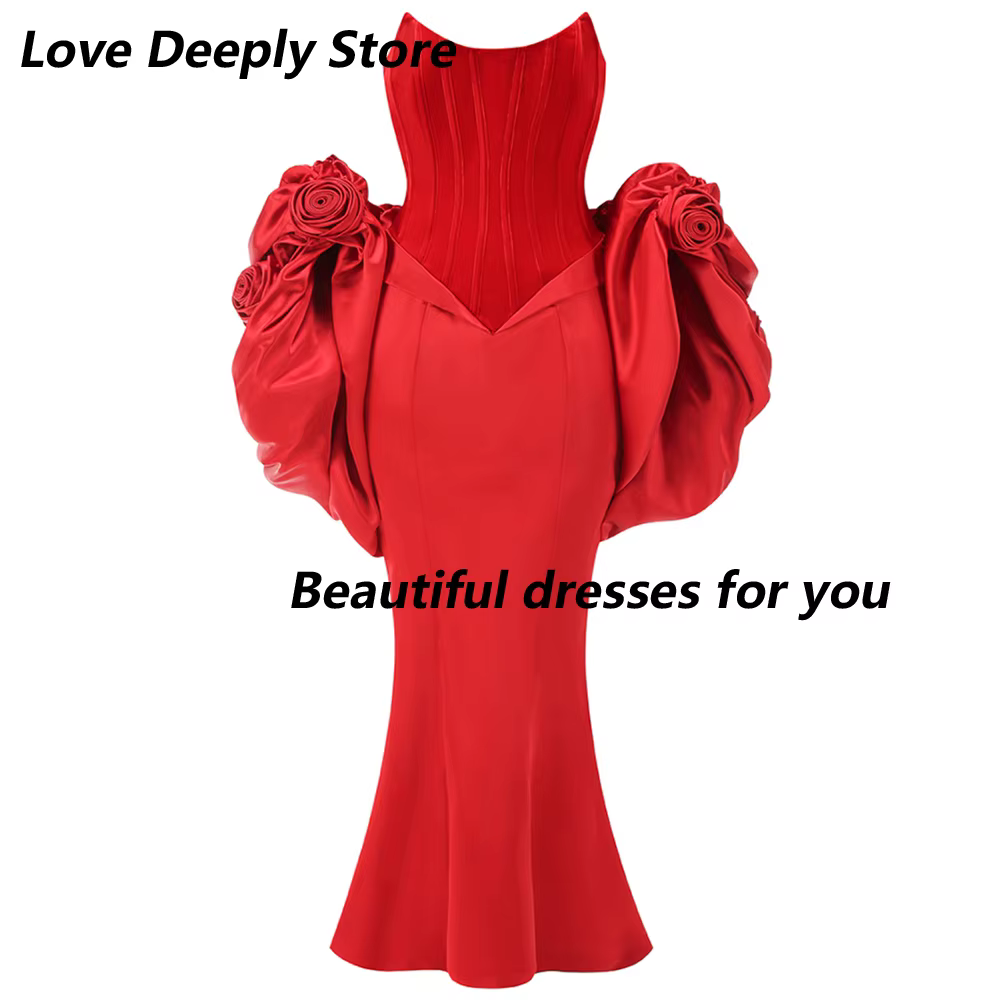 Robes de soirée rouges pour femmes, sexy, sans bretelles, longues, style sirène, dos nu, avec fleurs faites à la main, pour bal de promo et mariage, collection 2026