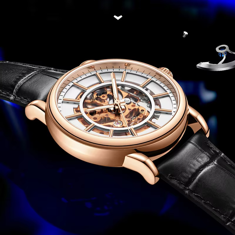 AL8891 Montre mécanique automatique squelette à cadran rond, bracelet en cuir, étanche, lumineuse, design « Life Your Wheel Helm Steering Round »