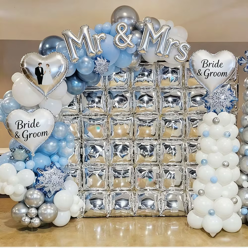 Mur de ballons carrés argentés pour décorations de mariage, fiançailles, thème glace, fête d'anniversaire, décoration de fête