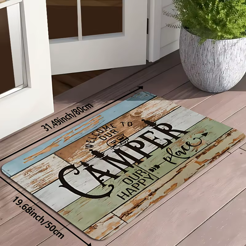 Paillasson de bienvenue pour camping-car, 1 pièce, tapis de camping-car en flanelle robuste avec design de camping-car et d'arbres, "Bienvenue à notre