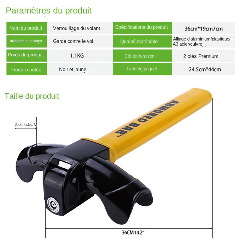 Serrure universelle pour volant de voiture, outils de verrouillage rapide, anti-vol, sécurité de voiture et de camionnette, améliore la sécurité automobile à distance