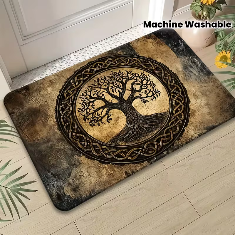 Tapis de bienvenue à motif arbre de vie, rectangulaire, antidérapant, lavable, tapis d'entrée, tapis de buanderie, tapis d'extérieur multi-usages