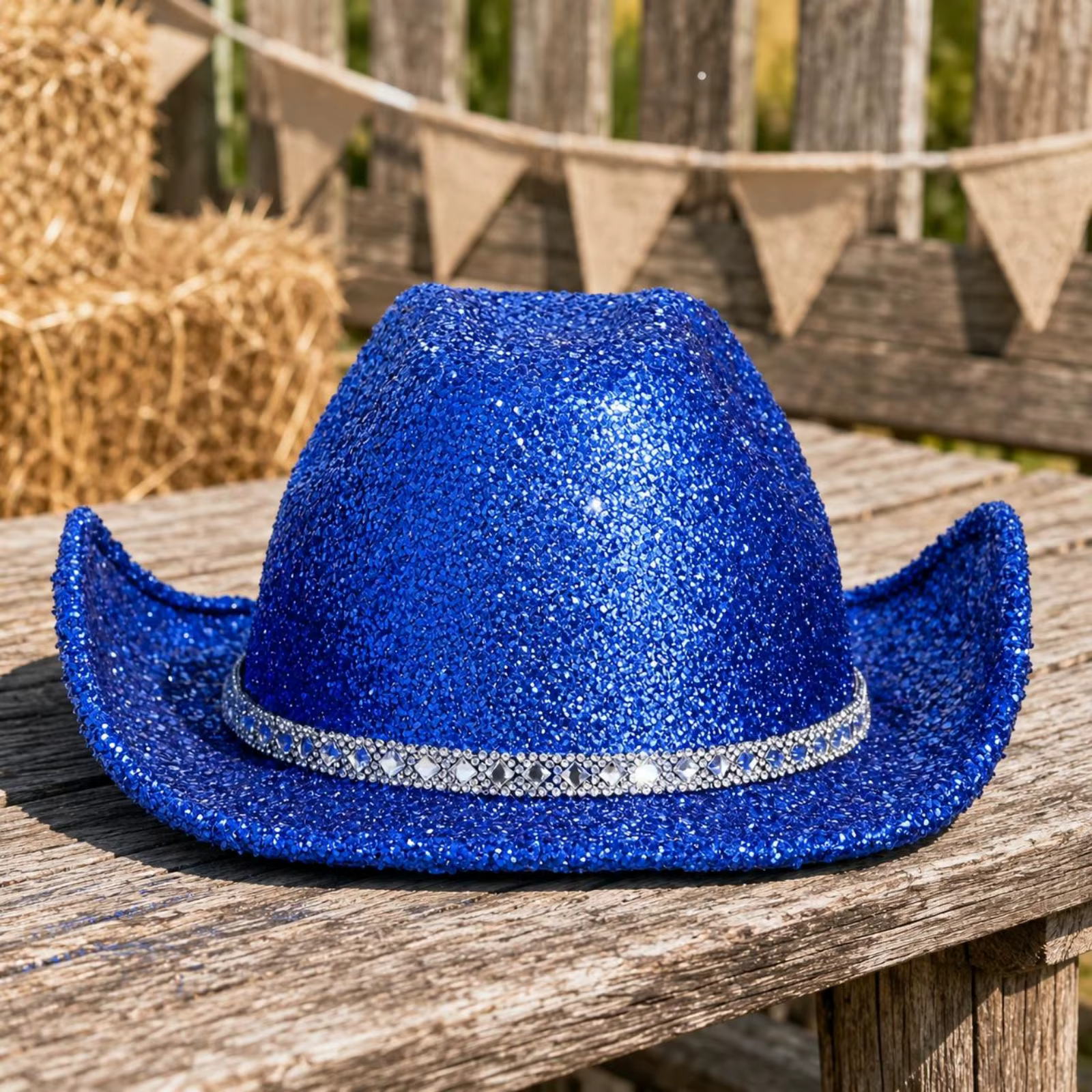 Chapeau de cowboy bleu scintillant en jean, accessoire de tête à couronne haute avec bande décorative