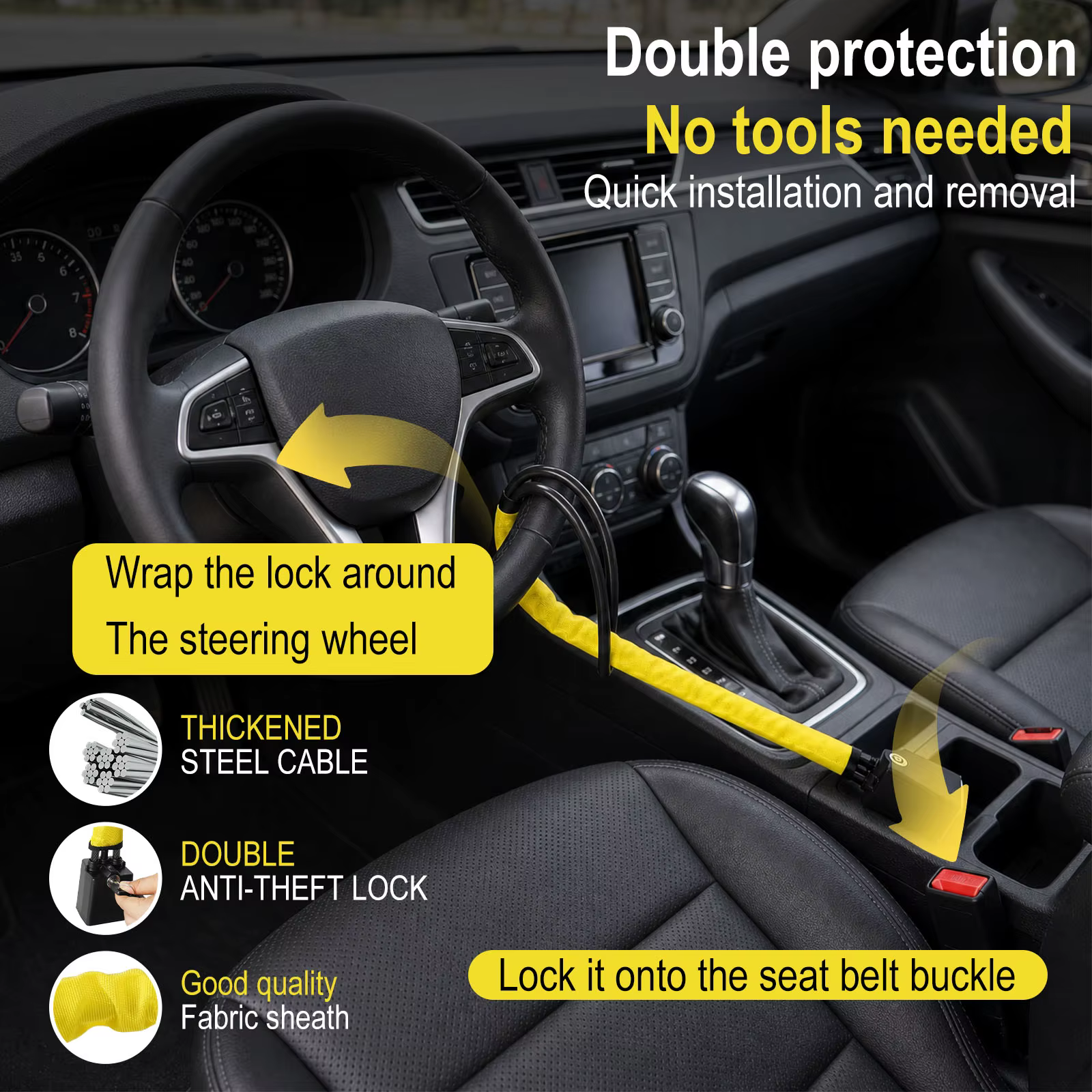 Verrou de volant de voiture avec prise de ceinture de sécurité, corde en acier pour camion, SUV, fourgonnette, camping-car, avec 2 clés, dispositif de protection antivol universel