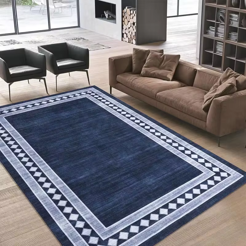 Tapis bleu marine moderne à motif géométrique pour salon et chambre à coucher, antidérapant, résistant aux taches, pliable, tapis d'appoint