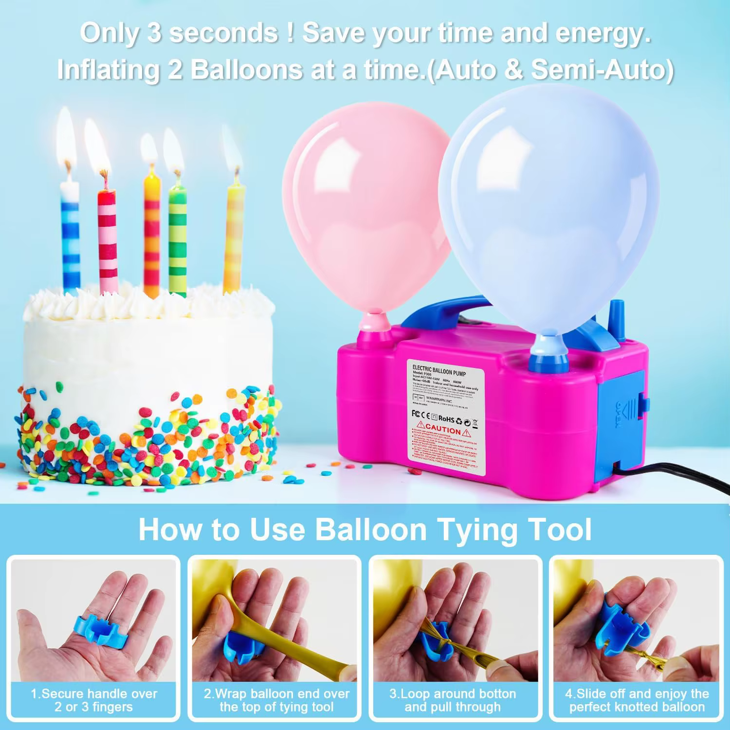 Pompe à ballons électrique portable 600W, machine à gonfler les ballons à double buse pour les décorations de fête, de mariage, de Noël, d'anniversaire, rose