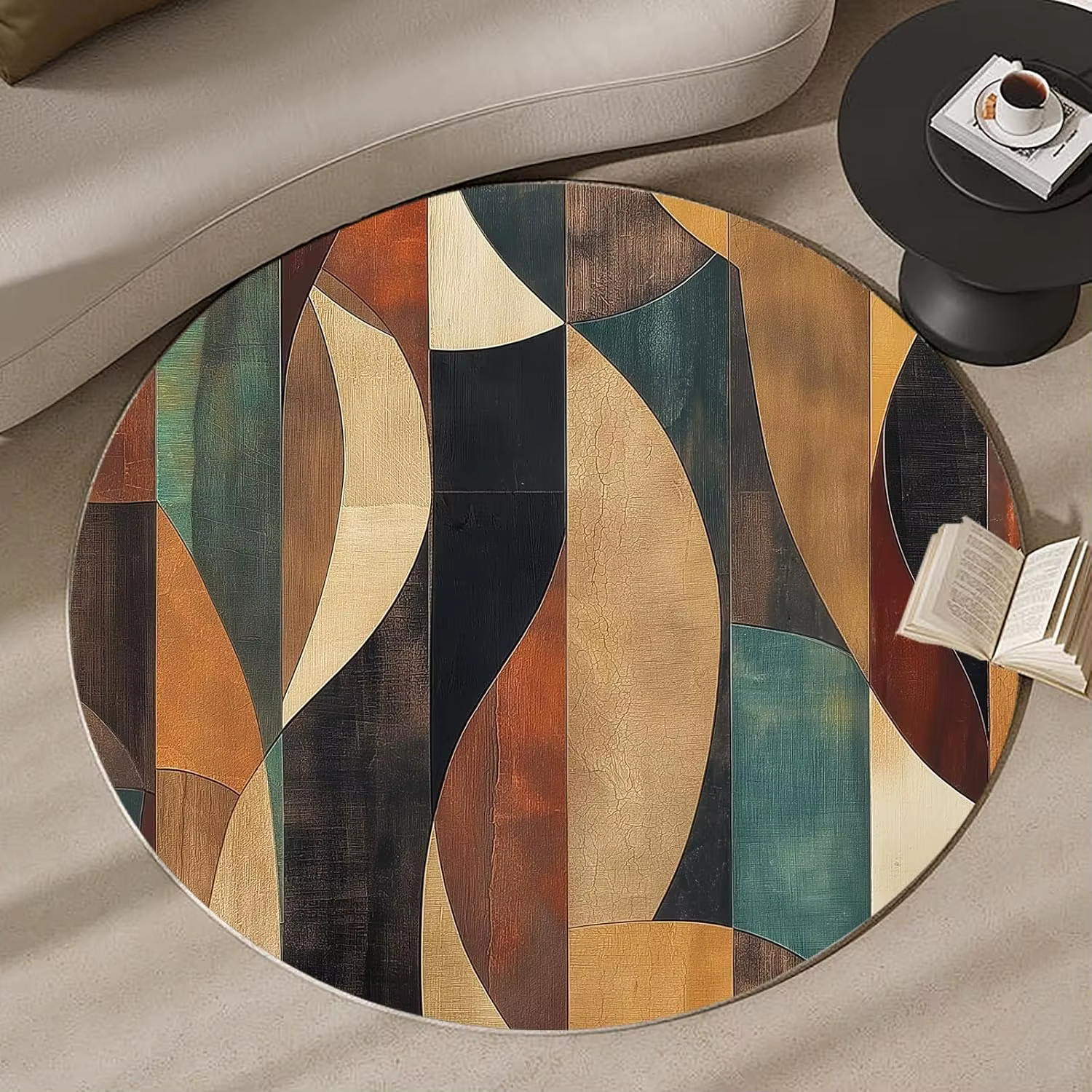 Tapis Rond Rétro Mid-Century, Motif Géométrique Abstrait, Marron, Teal, Orange, Blocs de Couleurs, Art Décoratif pour Salon, Coussin de Sol pour Chaise