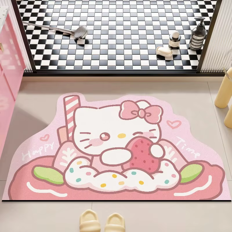 Tapis de bain Kawaii Kitty à bordure rose, résistant aux taches, antidérapant, séchage rapide, en terre de diatomée