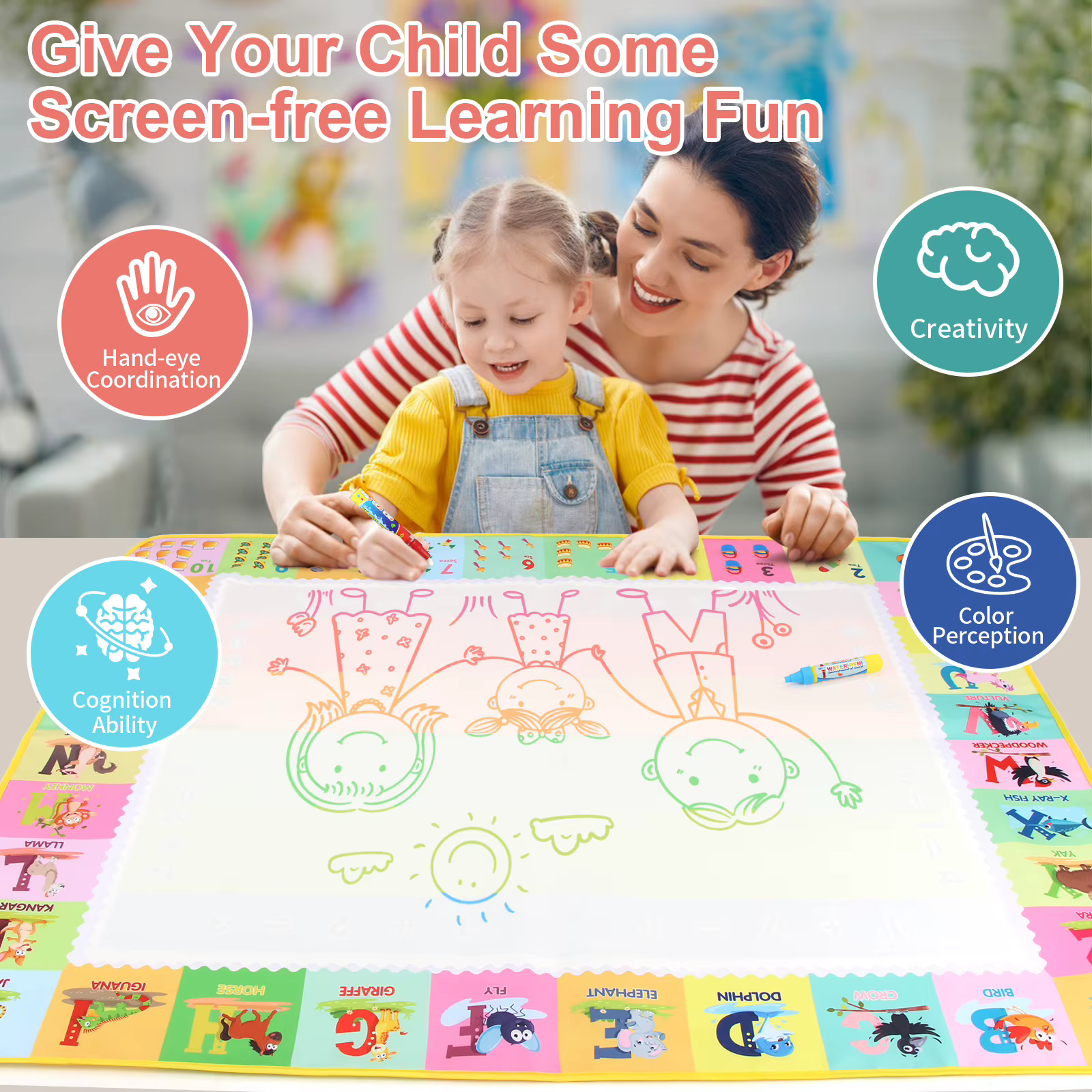 Tapis de dessin à l'eau magique 100x80CM, gribouillage à colorier avec stylos magiques réutilisables, planche de peinture Montessori, jouets éducatifs, cadeaux pour enfants