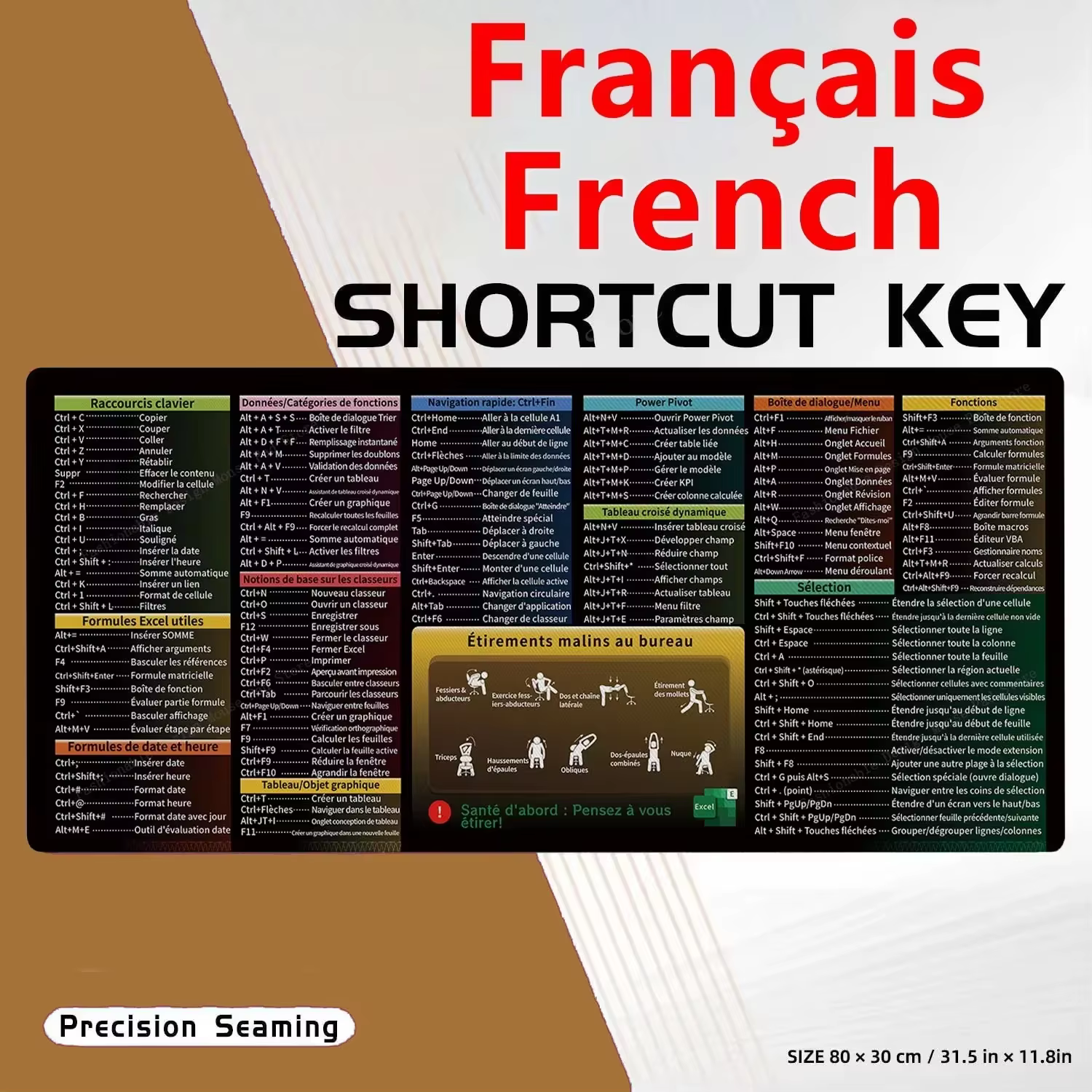 Tapis de Souris en Cuir avec Raccourcis Excel Français pour Clavier et Souris, Tapis de Bureau Gaming, Protection pour Logiciels et Bureau